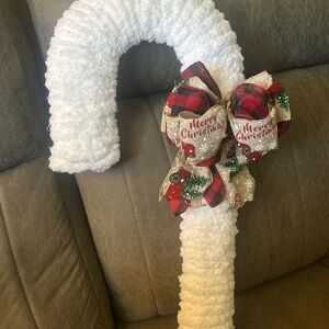 Holiday White Candy Cane with Red Plaid Bow